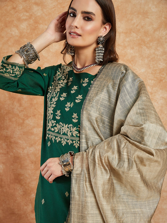 Women Green Color Embroidery Kurta and Trousers With Dupatta