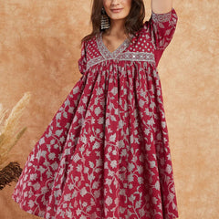 RAMA'S Women Maroon Color Embroidery Half Sleeves A-line Kurta