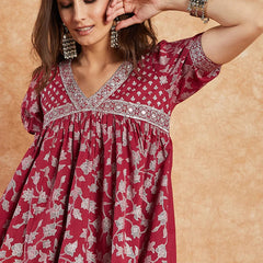 RAMA'S Women Maroon Color Embroidery Half Sleeves A-line Kurta