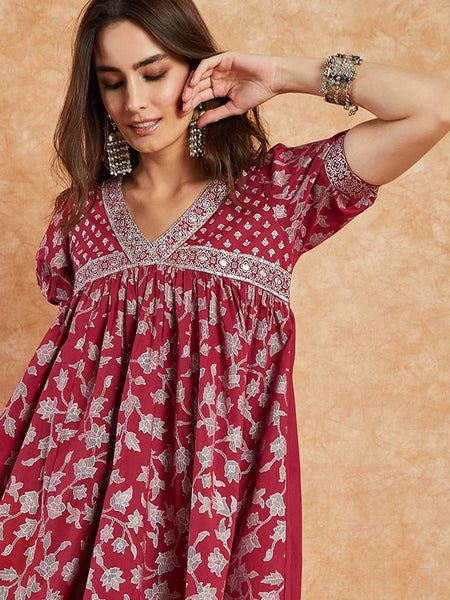 RAMA'S Women Maroon Color Embroidery Half Sleeves A-line Kurta