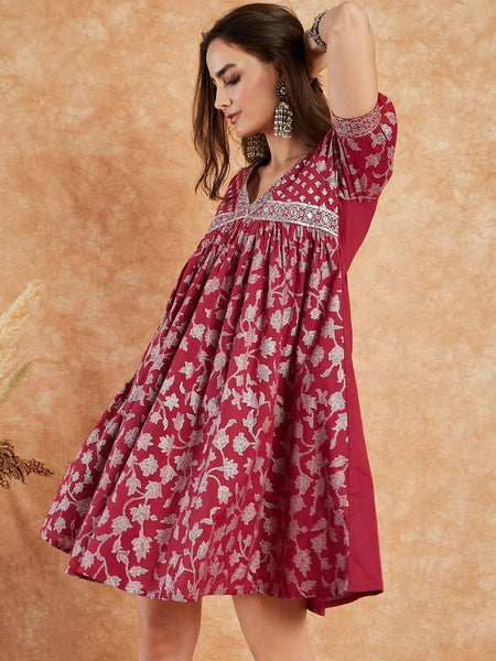 RAMA'S Women Maroon Color Embroidery Half Sleeves A-line Kurta