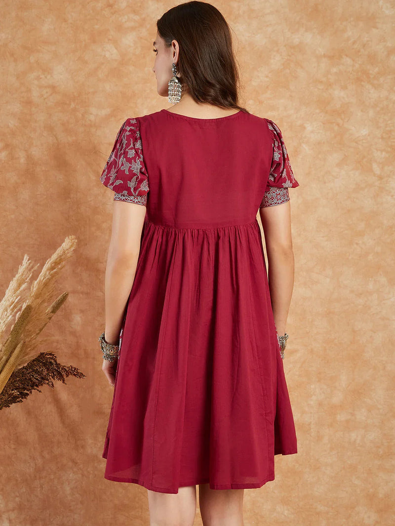 RAMA'S Women Maroon Color Embroidery Half Sleeves A-line Kurta