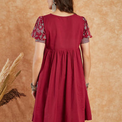 RAMA'S Women Maroon Color Embroidery Half Sleeves A-line Kurta