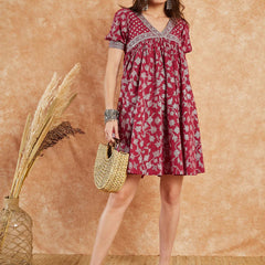 RAMA'S Women Maroon Color Embroidery Half Sleeves A-line Kurta