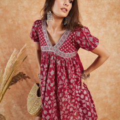 RAMA'S Women Maroon Color Embroidery Half Sleeves A-line Kurta