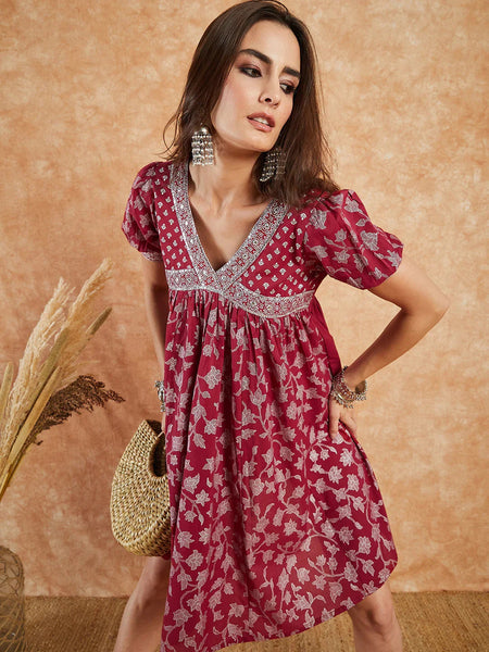 RAMA'S Women Maroon Color Embroidery Half Sleeves A-line Kurta