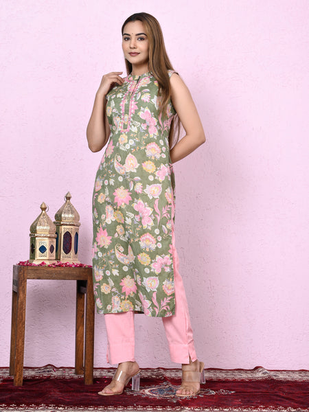 Women Green Keyhole Neck straight Kurta