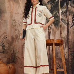 Ivory Charm Embroidered Cotton Shirt Palazzo Set