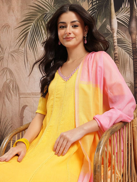 Sunlit Grace Embroidered Cotton Kurta Dhoti Set