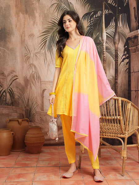 Sunlit Grace Embroidered Cotton Kurta Dhoti Set