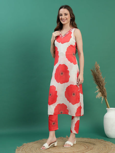 Women White Embroidered Sleeveless A-Line Kurta Set