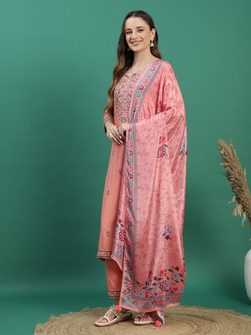 Women Peach Color Ethnic Motifs Embroidered Regular Sequinned Kurta with Trousers & With Dupatta