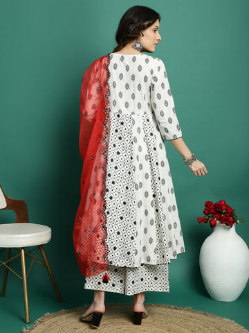 Women White Color Embroidery A-line kurta Palazzo With Dupatta Set