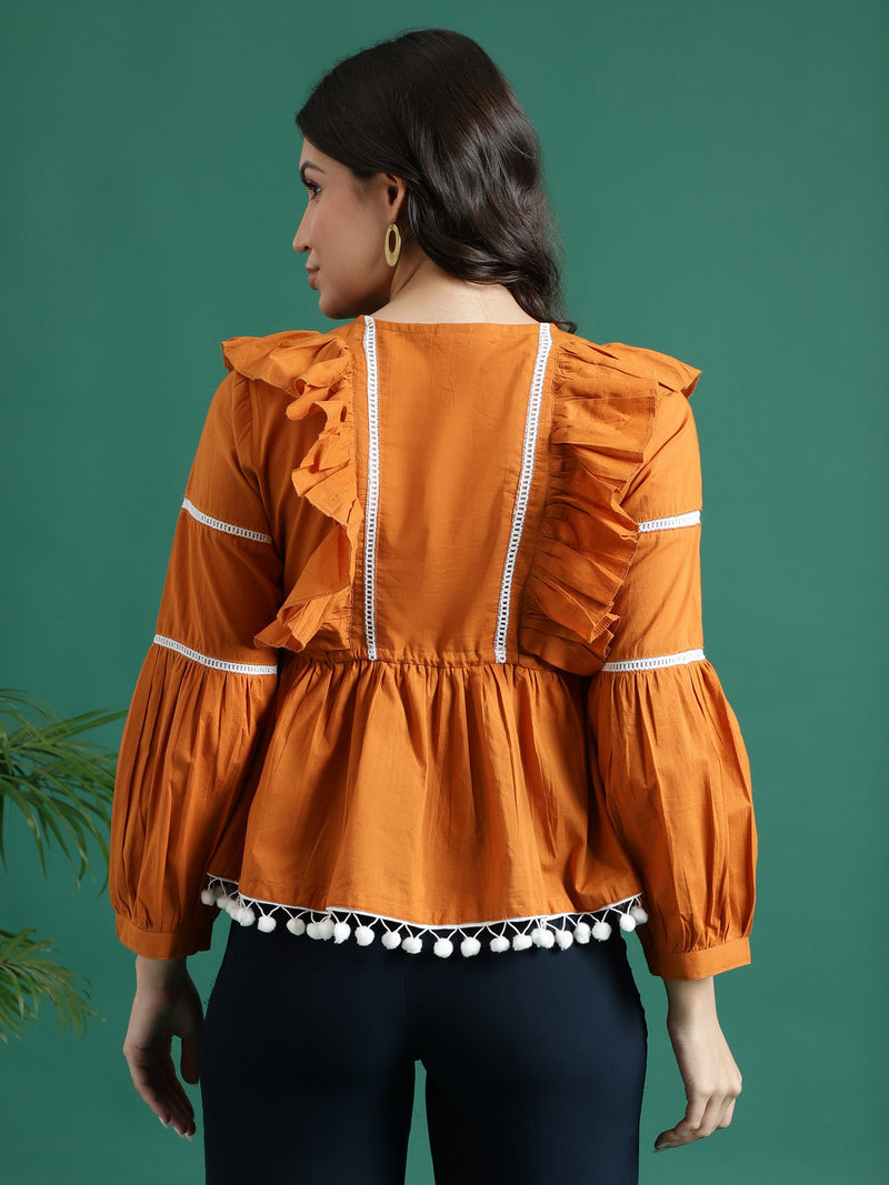 Women Mustard Color V-Neck Gathered Cotton Peplum Tops