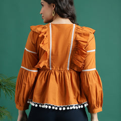 Women Mustard Color V-Neck Gathered Cotton Peplum Tops