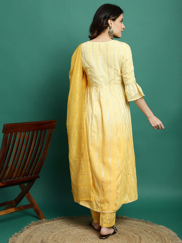 Women Yellow Color Embroidery Anarkali kurta Pant With Dupatta Set