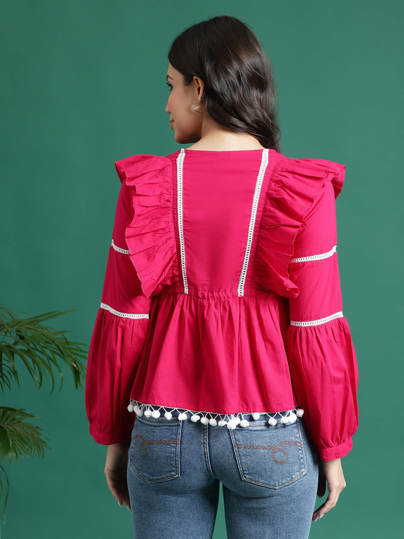 Women Pink Color V-Neck Gathered Cotton Peplum Tops