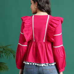 Women Pink Color V-Neck Gathered Cotton Peplum Tops