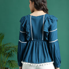 Women Blue V-Neck Gathered Cotton Peplum Tops