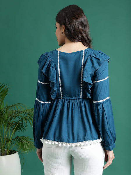 Women Blue V-Neck Gathered Cotton Peplum Tops