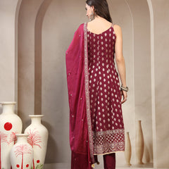Women Burgundy  Woven Design & Embroidered Pure Cotton V-Neck Kurta & Trousers With Dupatta
