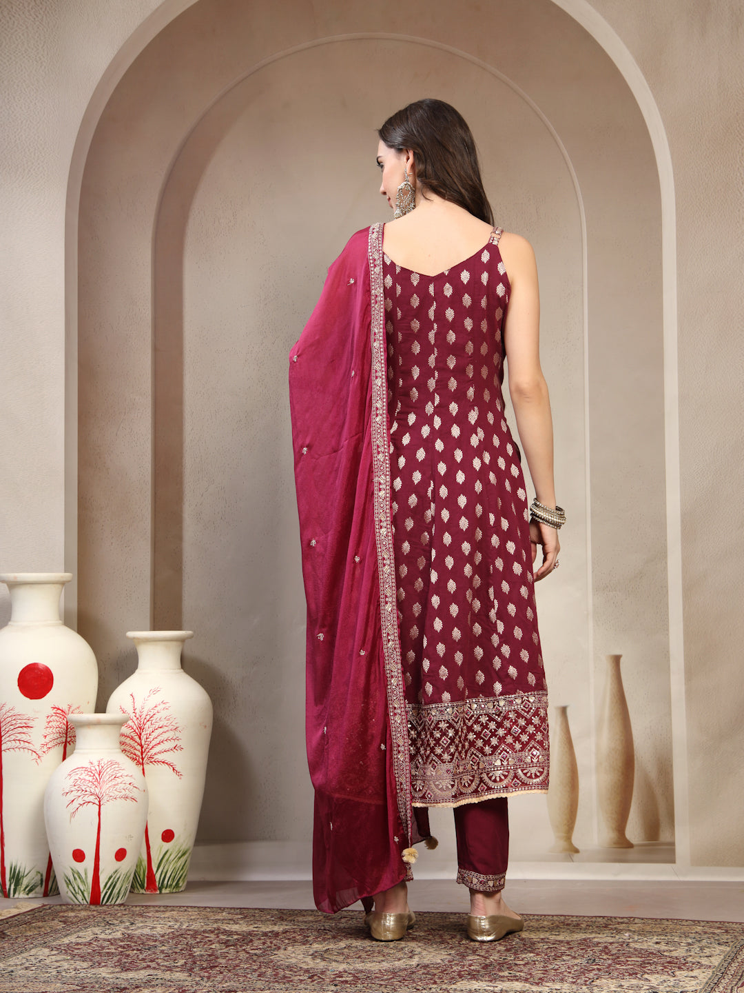 Women Burgundy  Woven Design & Embroidered Pure Cotton V-Neck Kurta & Trousers With Dupatta