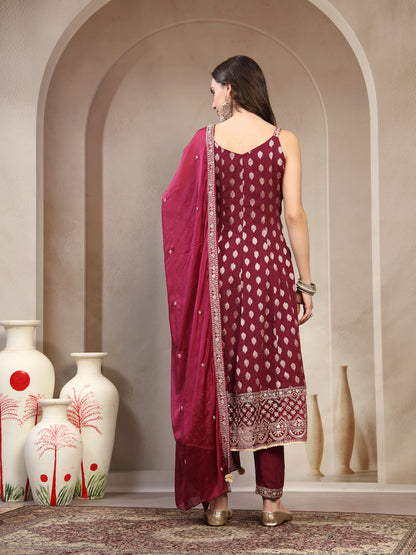 Women Burgundy  Woven Design & Embroidered Pure Cotton V-Neck Kurta & Trousers With Dupatta