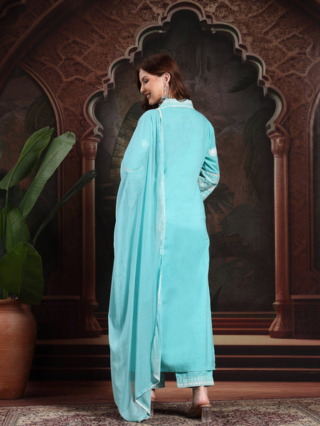 Women Turquoise Blue Pure Cotton Kurta Sets