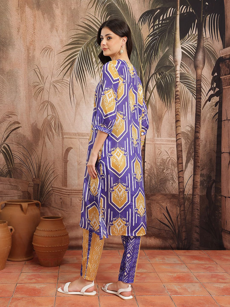 Women Blue Printed Kurta Palazzo Set