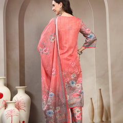 Women Peach Floral Printed Pure Cotton Round Neck Kurta & Trousers With Dupatta