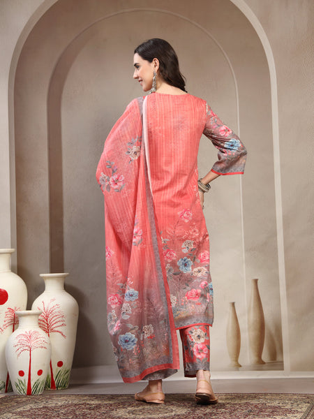 Women Peach Floral Printed Pure Cotton Round Neck Kurta & Trousers With Dupatta