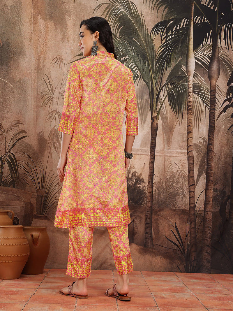 Women Yellow Floral Printed Chinnon Kurta with Palazzos