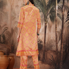 Women Yellow Floral Printed Chinnon Kurta with Palazzos