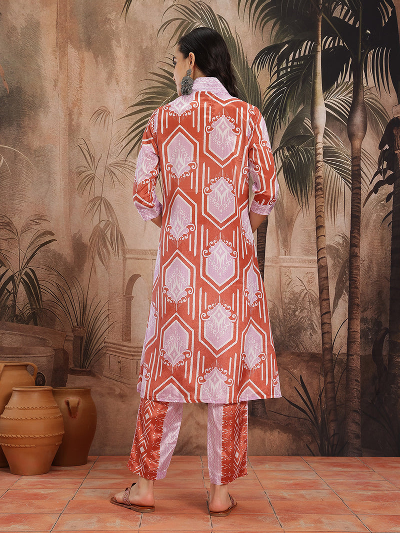 Women Mauve Abstract Printed Chinnon Kurta with Palazzos