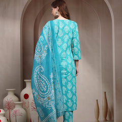 Women Turquoise Blue Pure Cotton Kurta Set