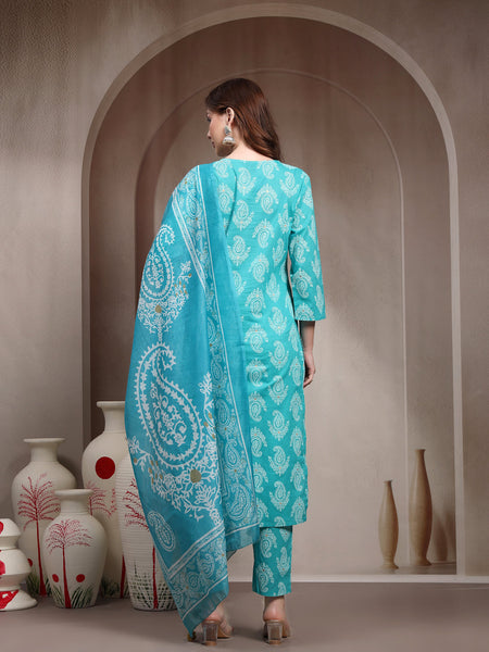 Women Turquoise Blue Pure Cotton Kurta Set