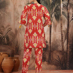 Women Rust Printed Chinnon Kurta with Palazzos