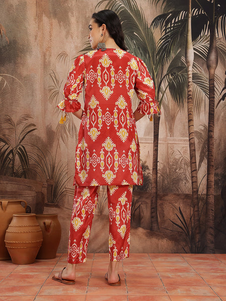 Women Rust Printed Chinnon Kurta with Palazzos