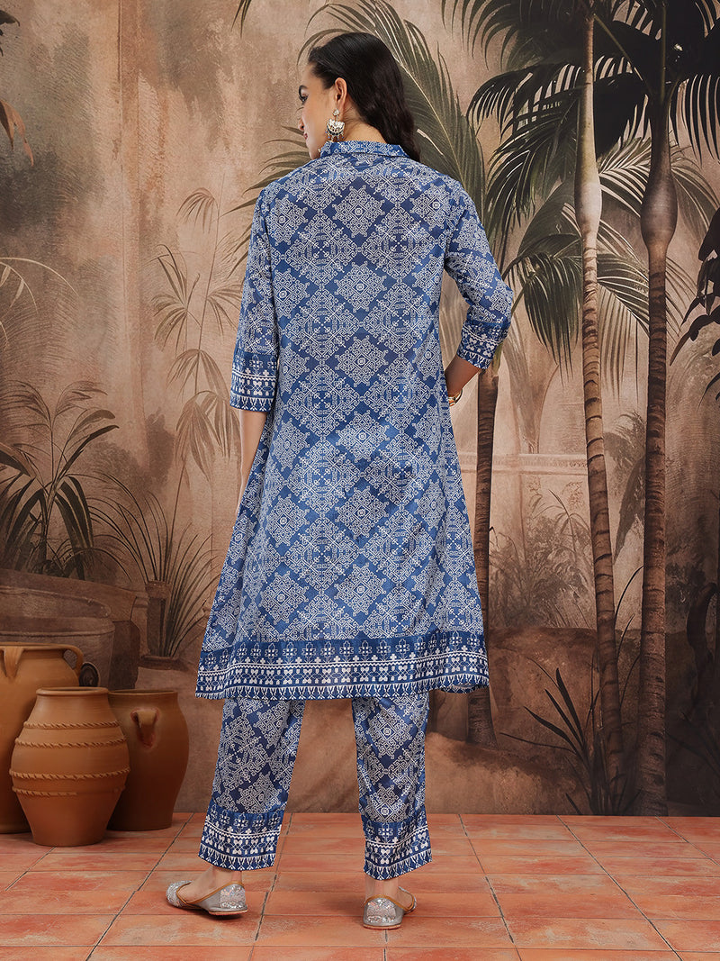 Women Blue Printed Kurta Palazzo Set