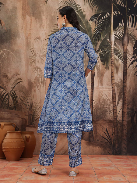 Women Blue Printed Kurta Palazzo Set