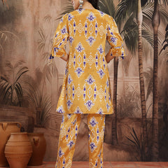 Women Yellow Printed Chinnon Kurta with Palazzos