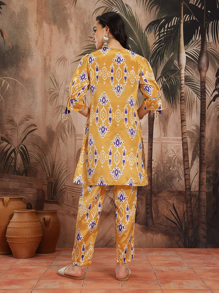 Women Yellow Printed Chinnon Kurta with Palazzos