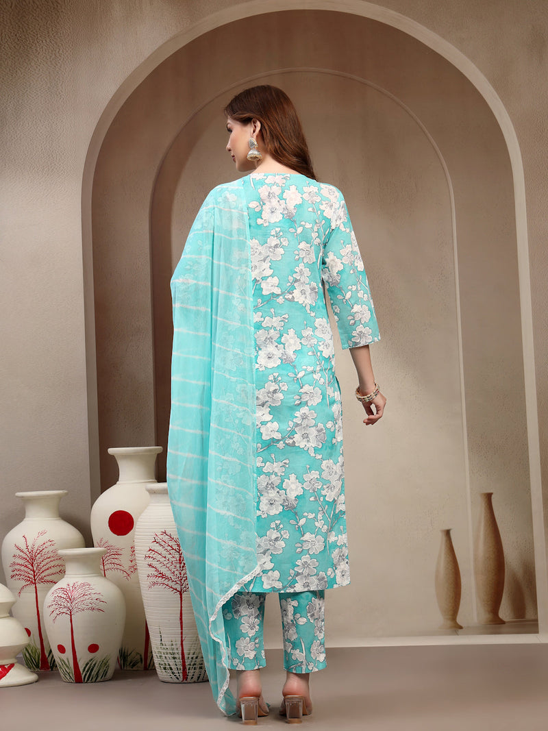 Women Turquoise Blue Pure Cotton Kurta Sets