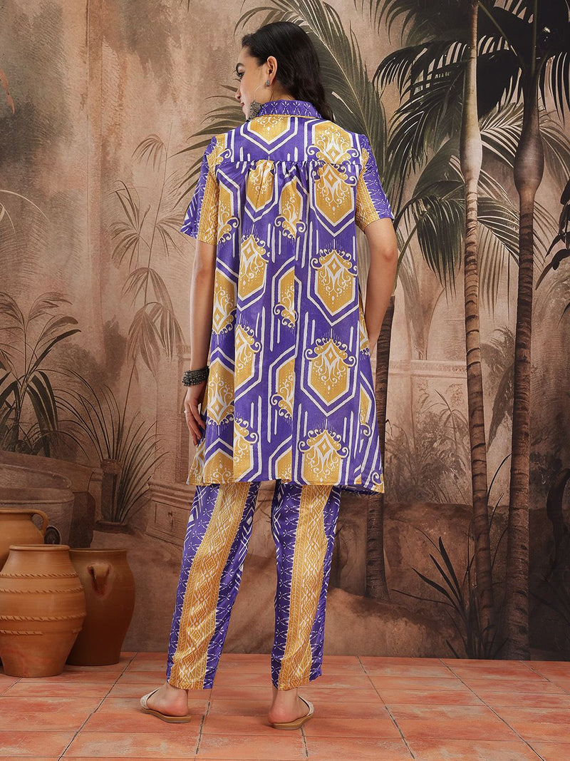 Women Blue Printed Chinnon Kurta with Palazzos
