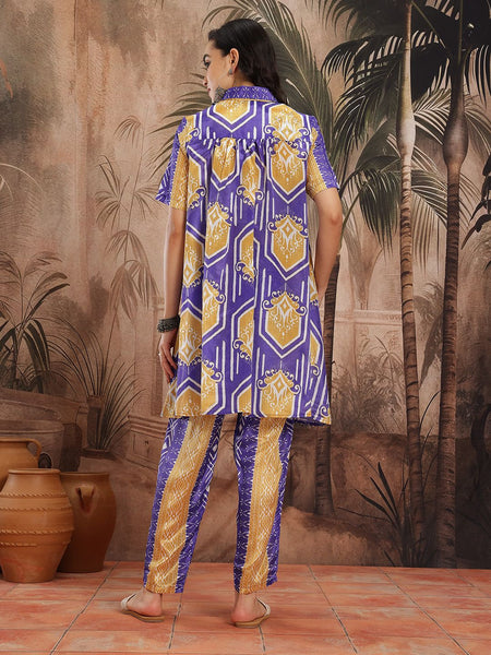 Women Blue Printed Chinnon Kurta with Palazzos