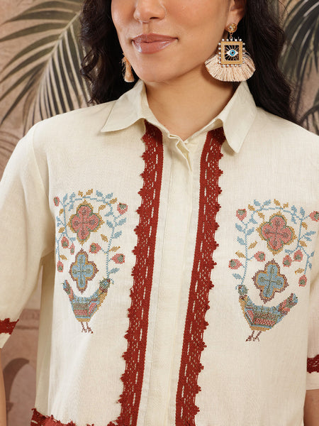 Ivory Charm Embroidered Cotton Shirt Palazzo Set