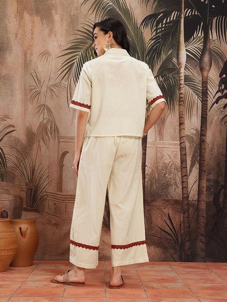 Ivory Charm Embroidered Cotton Shirt Palazzo Set