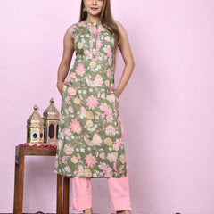 Women Green Keyhole Neck straight Kurta