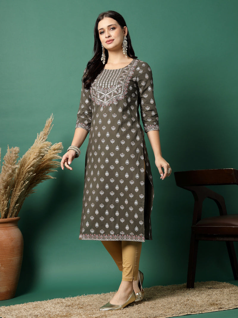 Women Grey Cotton Embroidered Straight Kurta