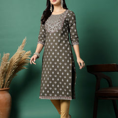 Women Grey Cotton Embroidered Straight Kurta